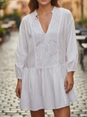 H&M White Cotton Eyelet Lace Boho Mini Smock Dress Tunic Plus Size 2XL US 16,18